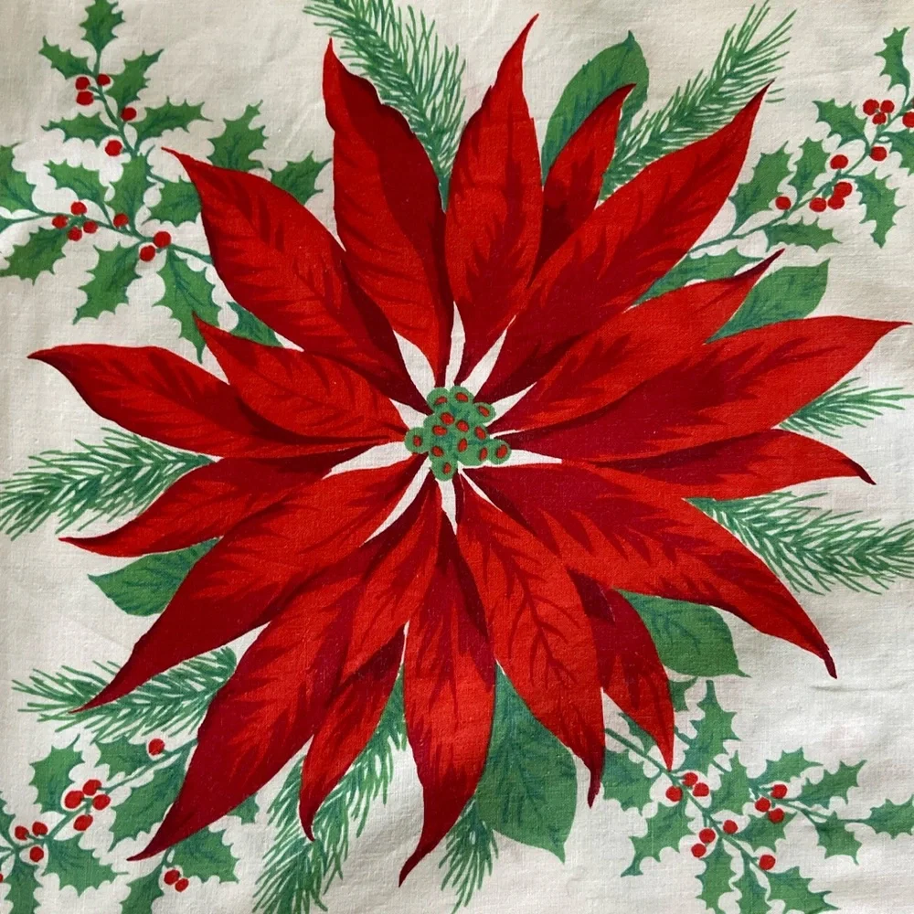 Vintage Poinsettia Christmas Cotton Tablecloth Measures 53x88.